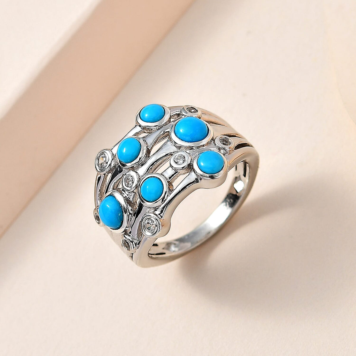 Tucson Special  - Sleeping Beauty Turquoise and Natural Zircon Bubble Ring in Platinum Overlay Sterling Silver 7711032 1