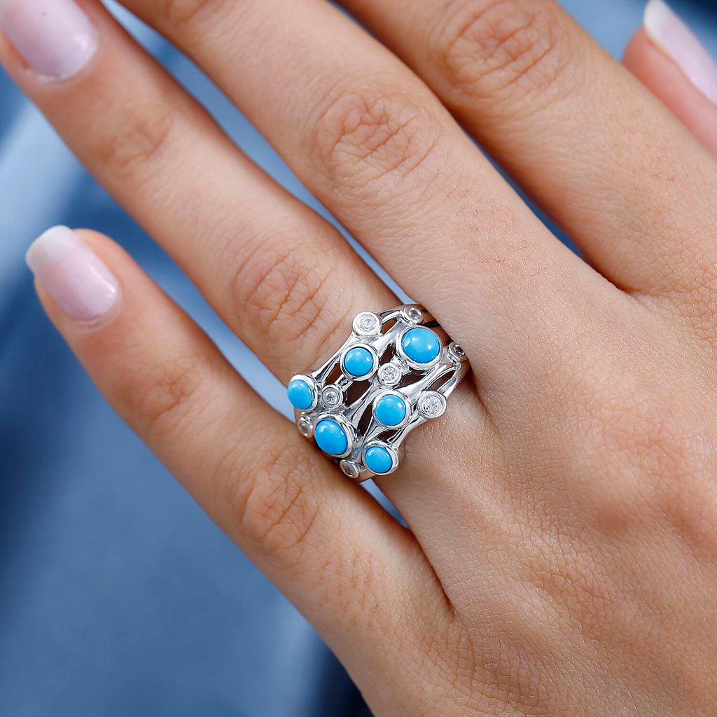 Tucson Special  - Sleeping Beauty Turquoise and Natural Zircon Bubble Ring in Platinum Overlay Sterling Silver