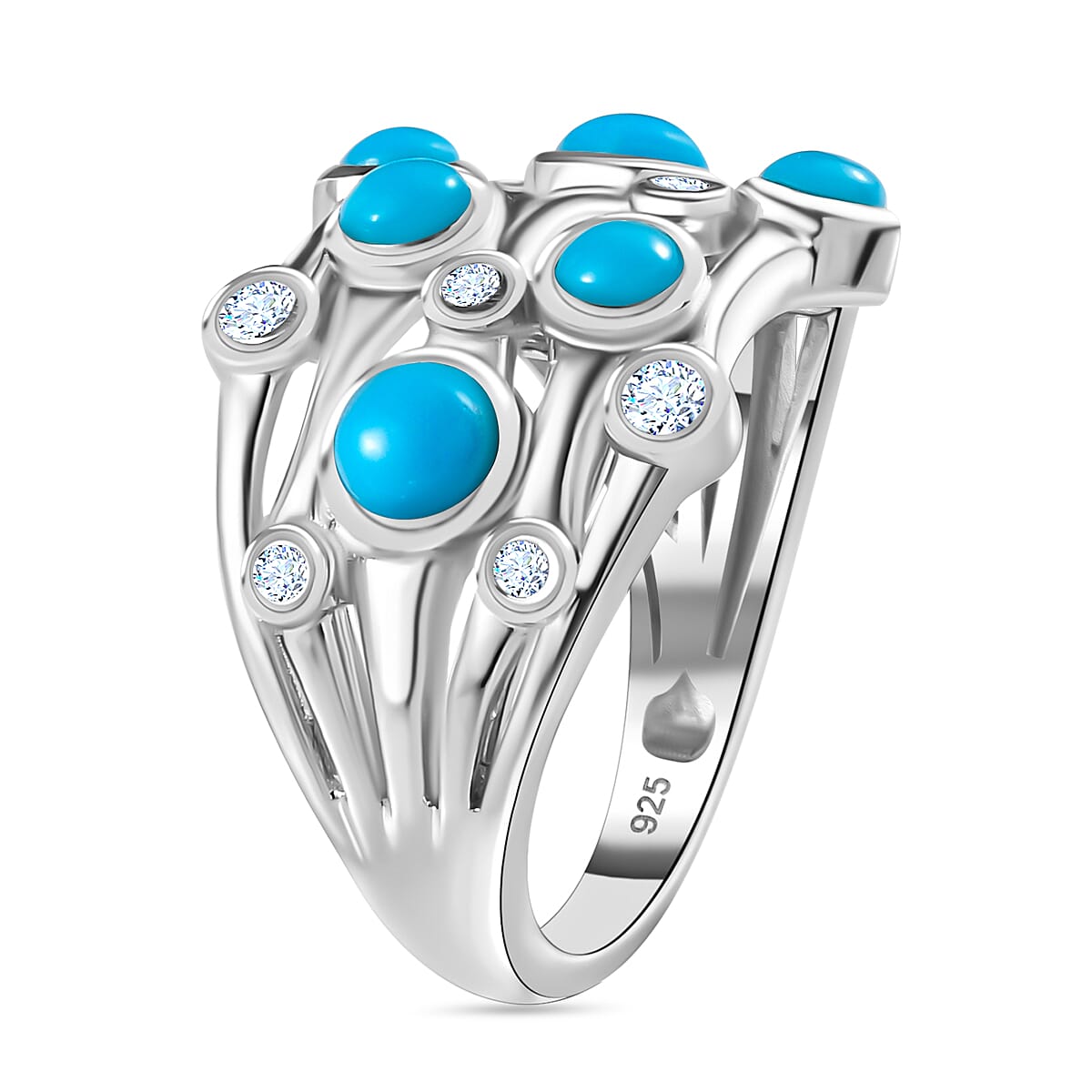 Tucson Special  - Sleeping Beauty Turquoise and Natural Zircon Bubble Ring in Platinum Overlay Sterling Silver 7711032 3