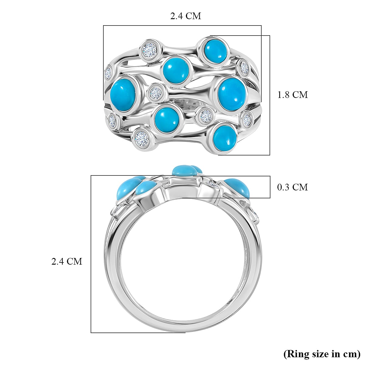 Tucson Special  - Sleeping Beauty Turquoise and Natural Zircon Bubble Ring in Platinum Overlay Sterling Silver 7711032 5