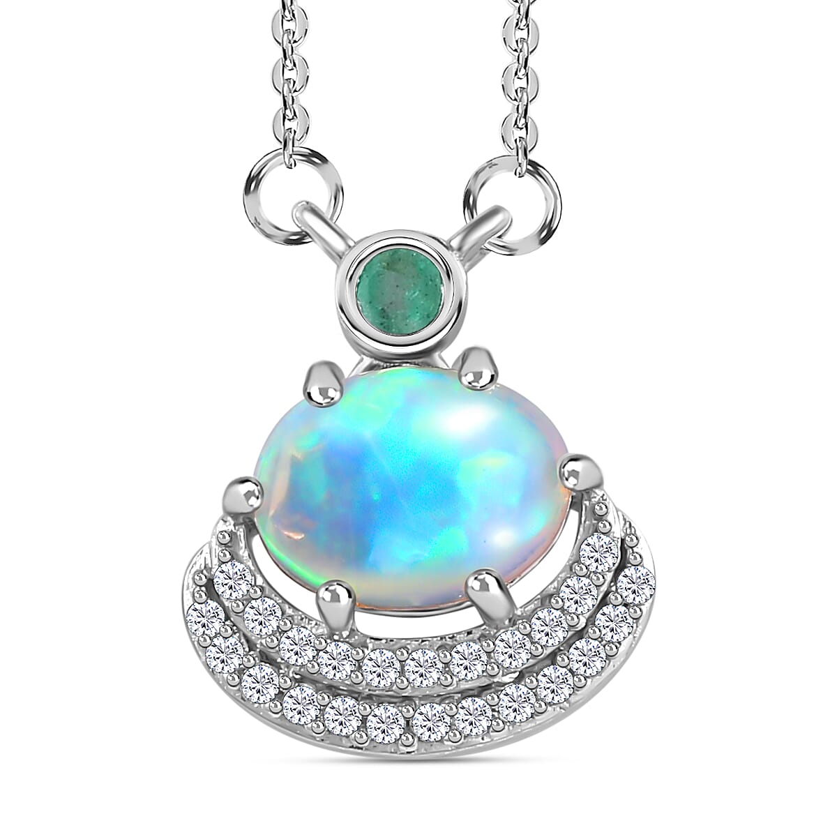 Ethiopian Welo Opal, Emerald &amp; Natural Zircon Necklace (Size - 20) in Platinum Overlay Sterling Silver 1.18 Ct 7711056 0
