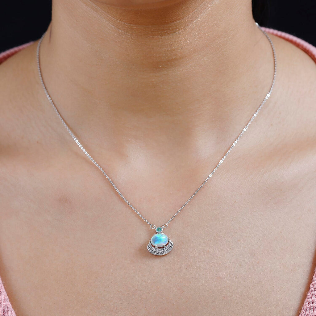 Ethiopian Welo Opal, Emerald & Natural Zircon Necklace (Size - 20) in Platinum Overlay Sterling Silver 1.18 Ct