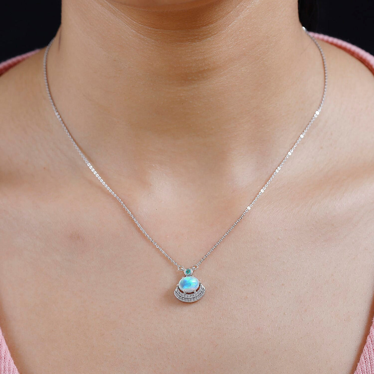 Ethiopian Welo Opal, Emerald &amp; Natural Zircon Necklace (Size - 20) in Platinum Overlay Sterling Silver 1.18 Ct 7711056 2