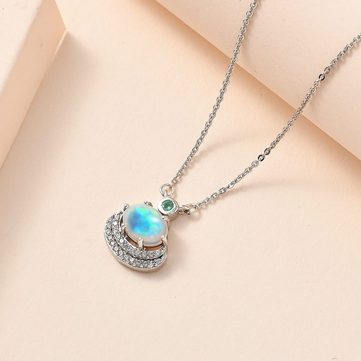 Ethiopian Welo Opal, Emerald &amp; Natural Zircon Necklace (Size - 20) in Platinum Overlay Sterling Silver 1.18 Ct 7711056 3