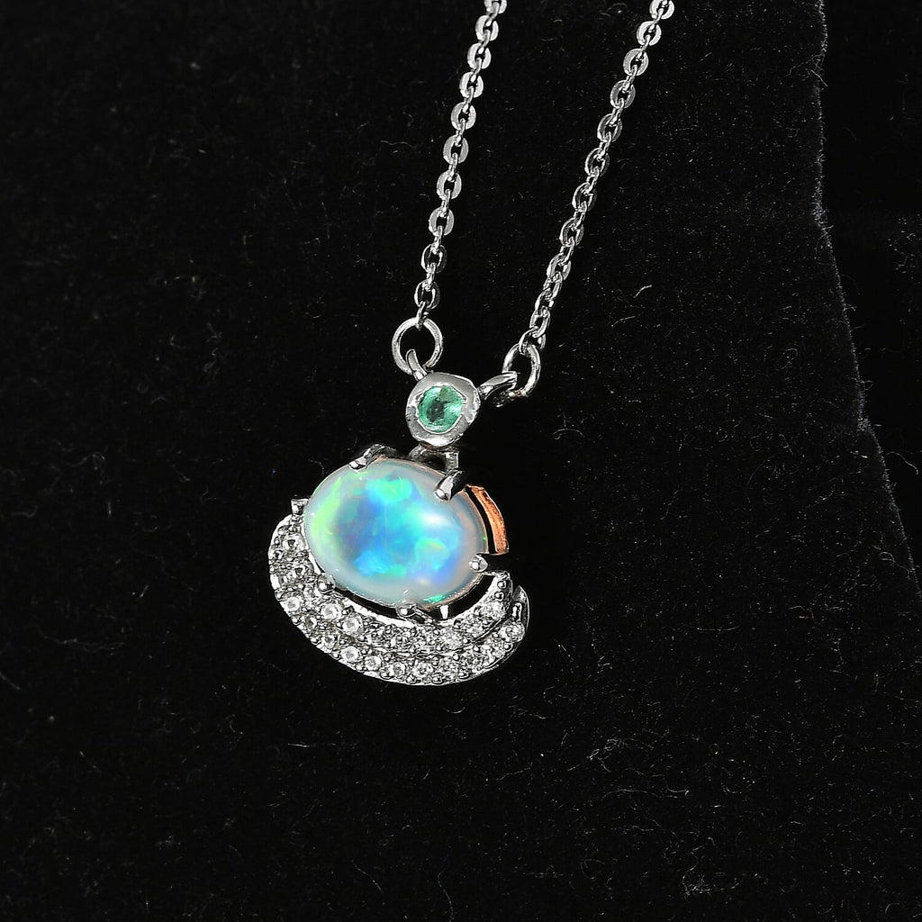 Ethiopian Welo Opal, Emerald & Natural Zircon Necklace (Size - 20) in Platinum Overlay Sterling Silver 1.18 Ct