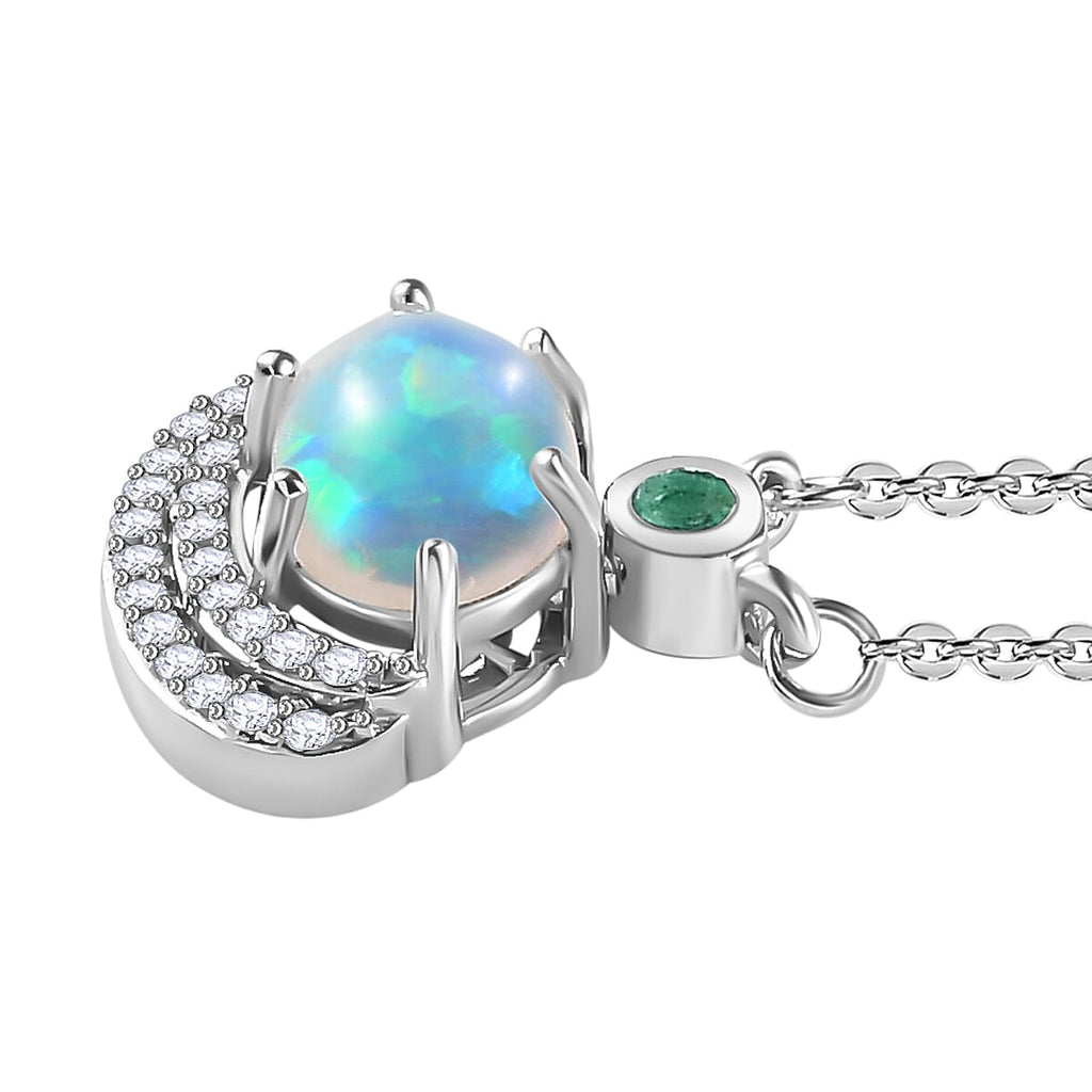 Ethiopian Welo Opal, Emerald & Natural Zircon Necklace (Size - 20) in Platinum Overlay Sterling Silver 1.18 Ct