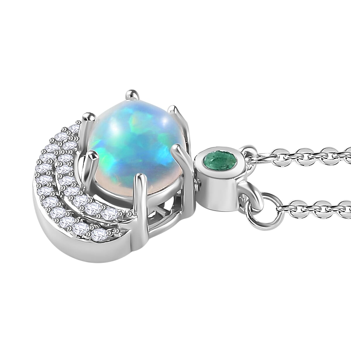 Ethiopian Welo Opal, Emerald &amp; Natural Zircon Necklace (Size - 20) in Platinum Overlay Sterling Silver 1.18 Ct 7711056 5