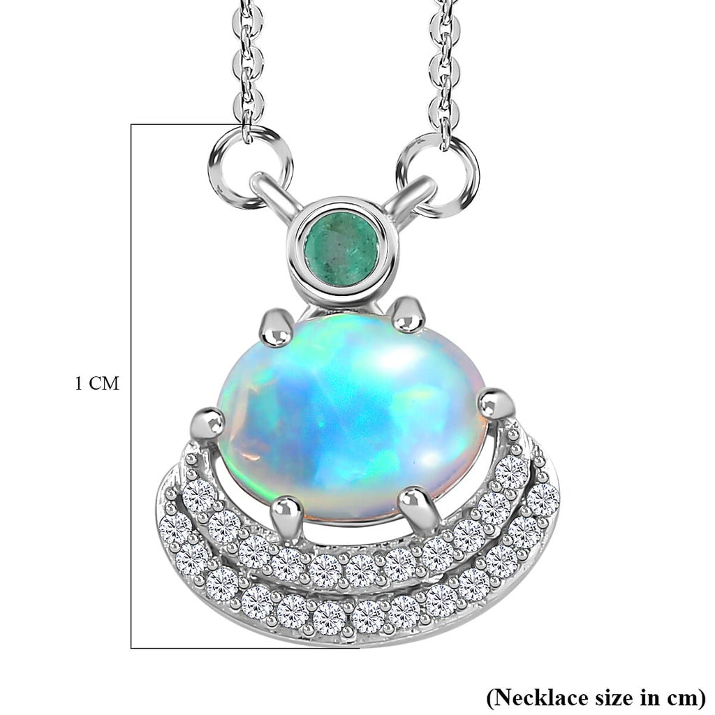 Ethiopian Welo Opal, Emerald & Natural Zircon Necklace (Size - 20) in Platinum Overlay Sterling Silver 1.18 Ct