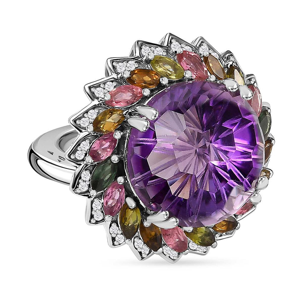 African Amethyst ,  White Zircon ,  Multi-Tourmaline  Cluster Ring in Platinum Overlay Sterling Silver 17.24 ct,  Silver Wt. 7 Gms  14.030  Ct.