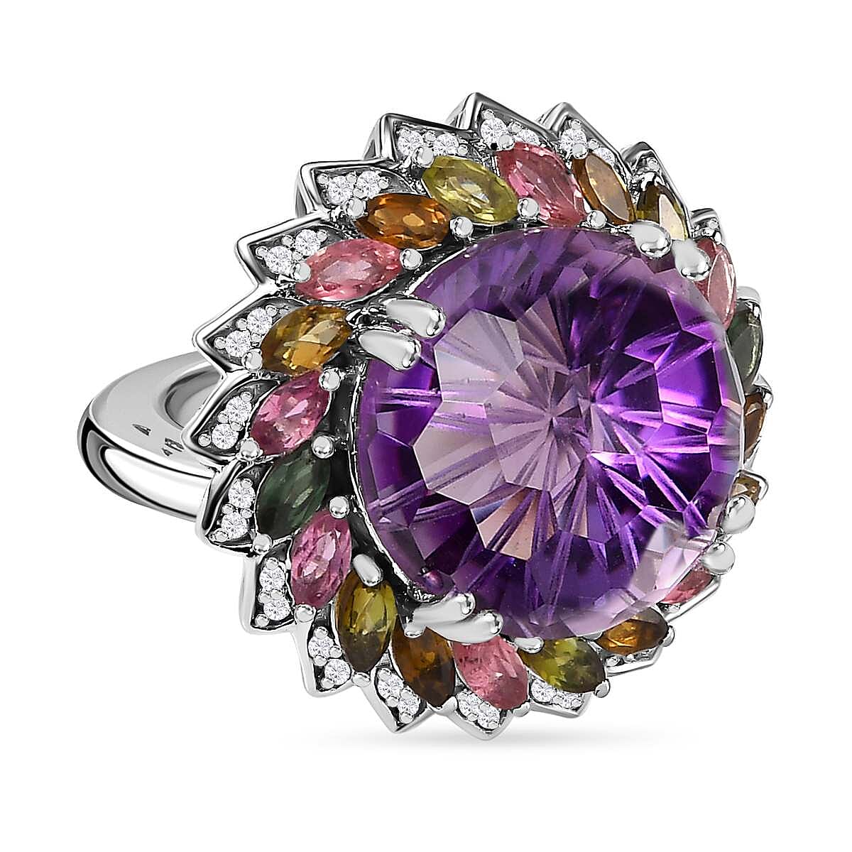 African Amethyst, White Zircon, Multi-Tourmaline  Cluster Ring in Platinum Overlay Sterling Silver 17.24 ct,  Silver Wt. 7 Gms 7712076 0