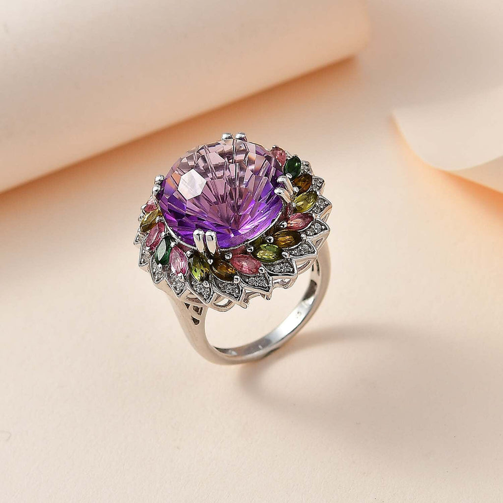 African Amethyst ,  White Zircon ,  Multi-Tourmaline  Cluster Ring in Platinum Overlay Sterling Silver 17.24 ct,  Silver Wt. 7 Gms  14.030  Ct.