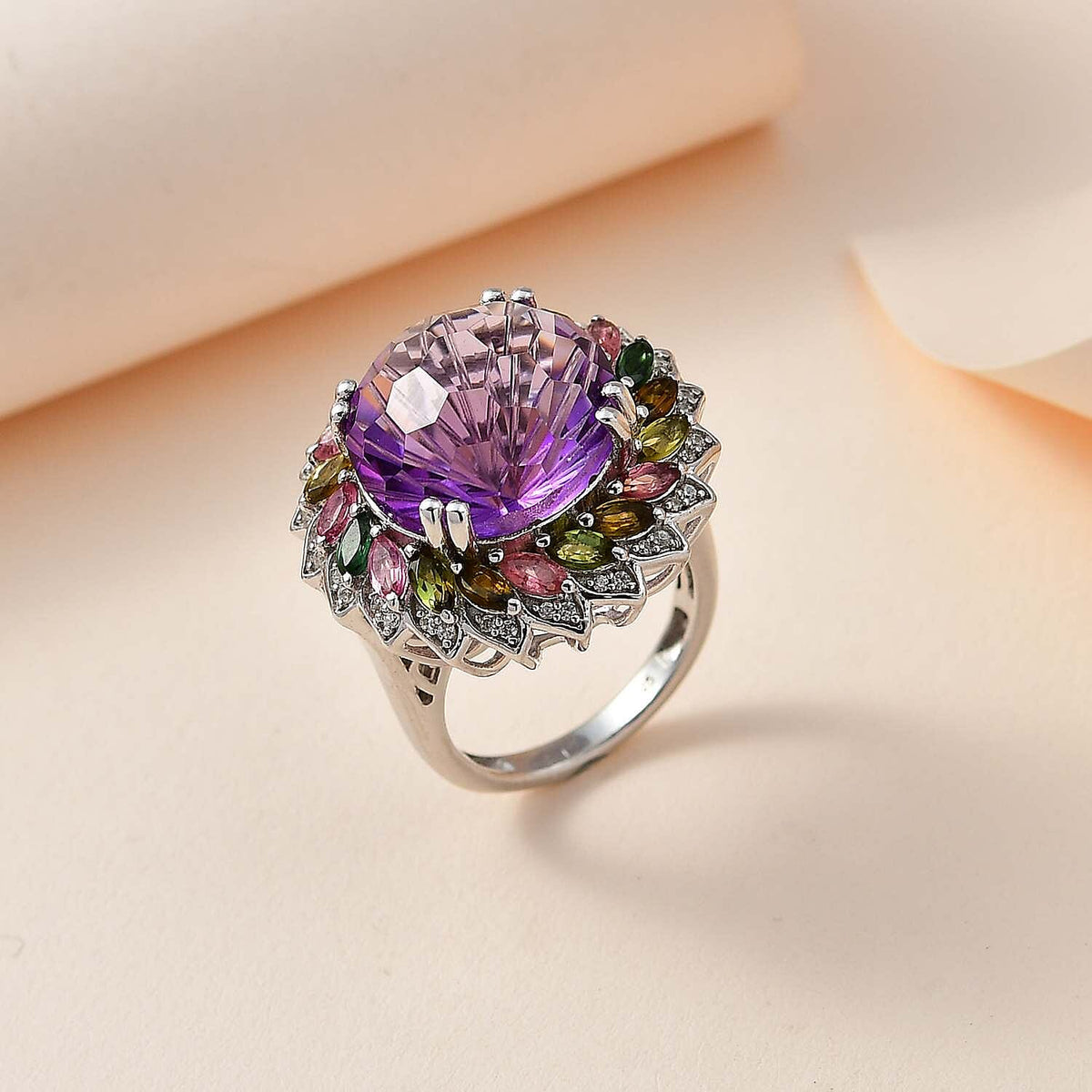 African Amethyst, White Zircon, Multi-Tourmaline  Cluster Ring in Platinum Overlay Sterling Silver 17.24 ct,  Silver Wt. 7 Gms 7712076 1