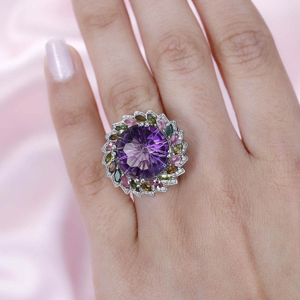 African Amethyst ,  White Zircon ,  Multi-Tourmaline  Cluster Ring in Platinum Overlay Sterling Silver 17.24 ct,  Silver Wt. 7 Gms  14.030  Ct.