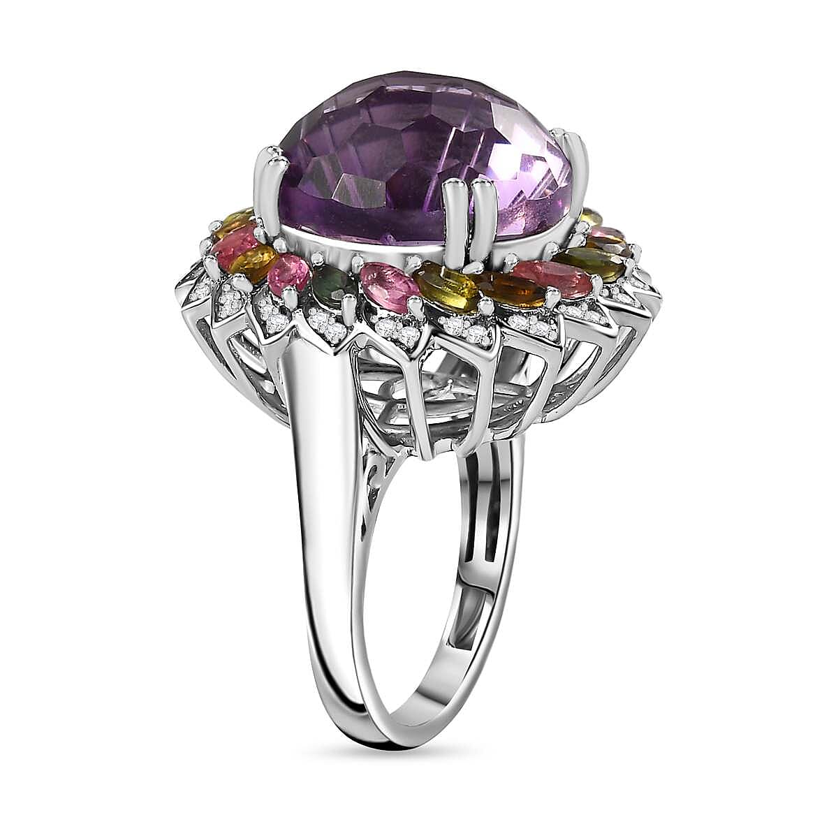 African Amethyst, White Zircon, Multi-Tourmaline  Cluster Ring in Platinum Overlay Sterling Silver 17.24 ct,  Silver Wt. 7 Gms 7712076 3