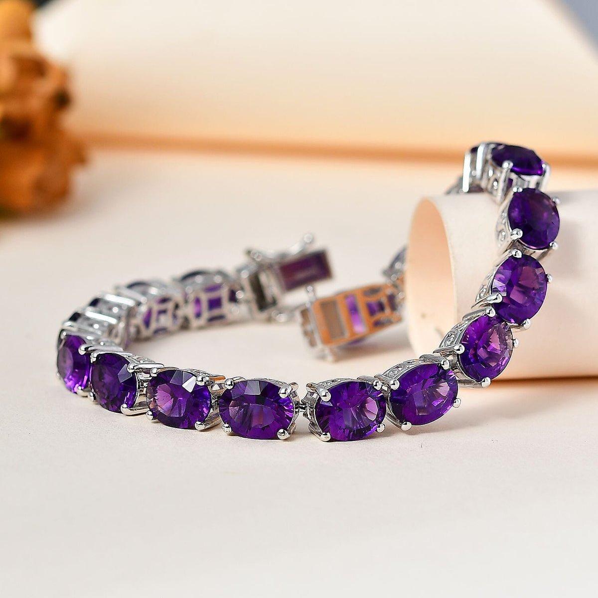 Concave Cut AAA African Amethyst Tennis Bracelet  in Platinum Overlay Sterling Silver 30.75 Ct, Size 7 7713664 1