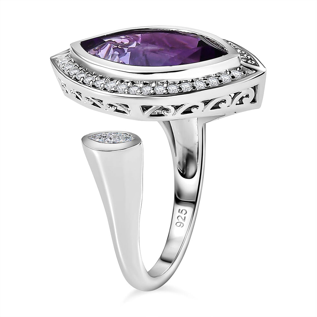 AAA Amethyst & Natural Zircon (Marquee) Ring in Platinum Overlay Sterling Silver 4.12 Ct