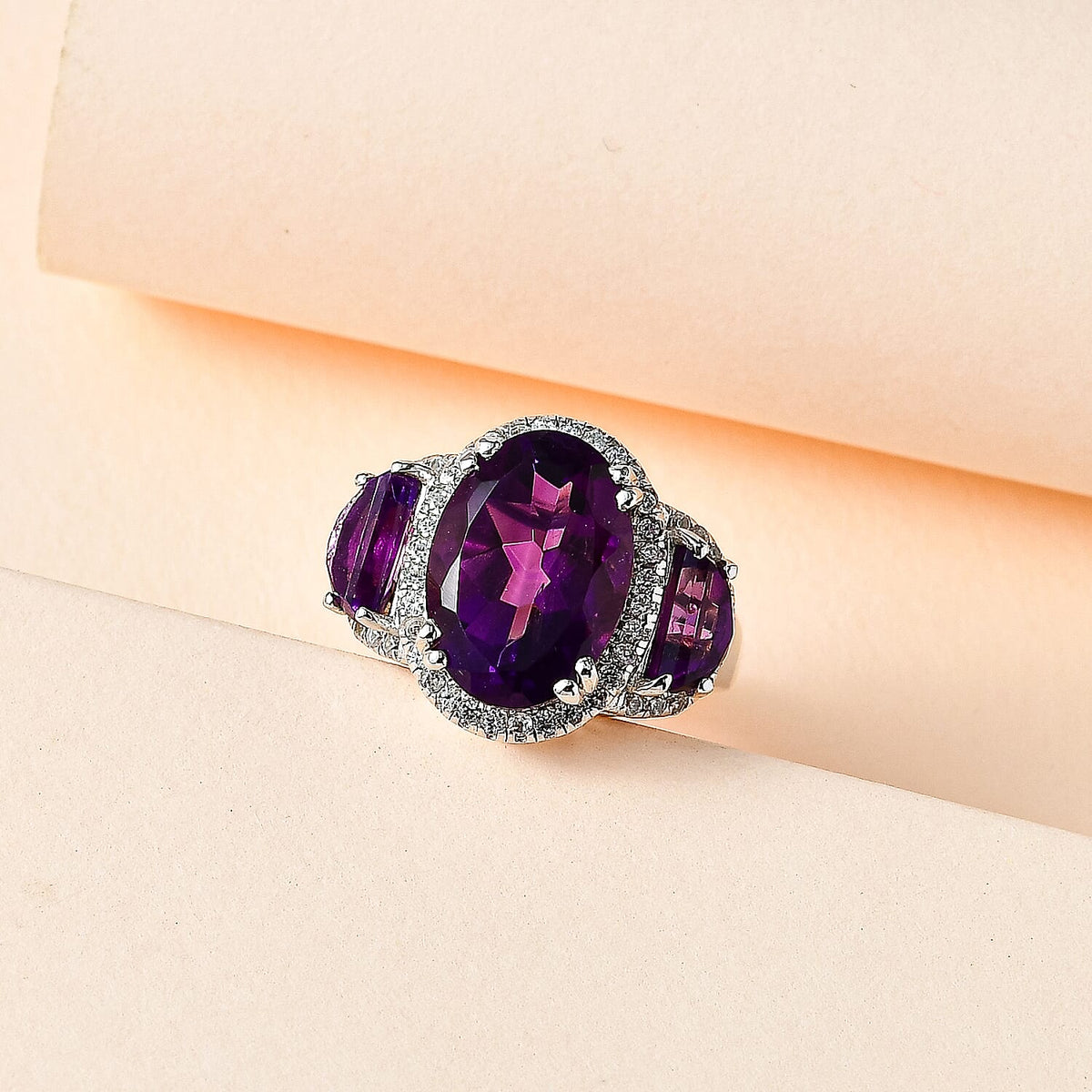 AAA Amethyst &amp; Natural Zircon Ring in Platinum Overlay Sterling Silver 7.45 Ct, Silver Wt. 5.16 Gms 7713775 1