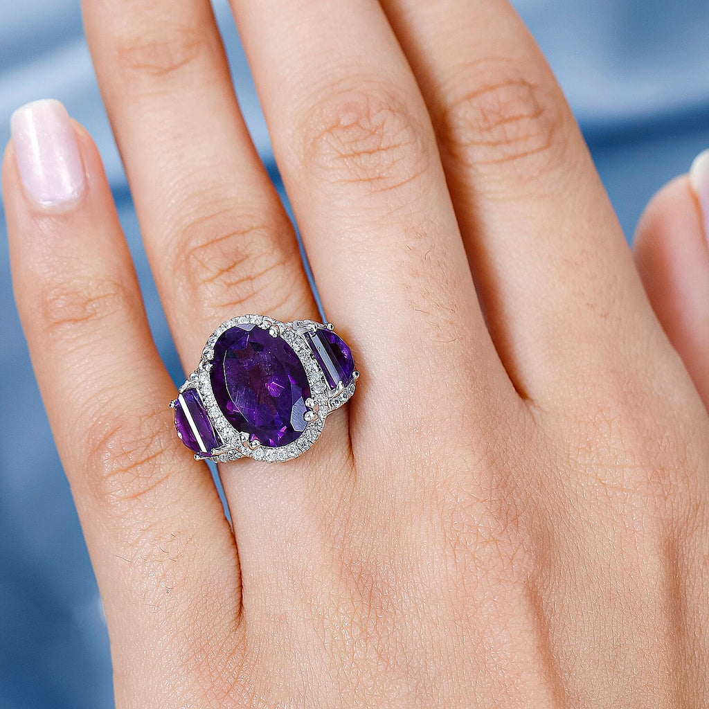 AAA Amethyst & Natural Zircon Ring in Platinum Overlay Sterling Silver 7.45 Ct, Silver Wt. 5.16 Gms
