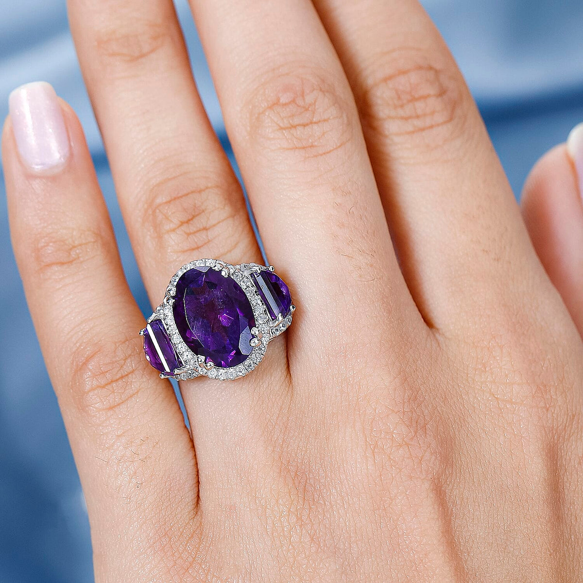 AAA Amethyst &amp; Natural Zircon Ring in Platinum Overlay Sterling Silver 7.45 Ct, Silver Wt. 5.16 Gms 7713775 2