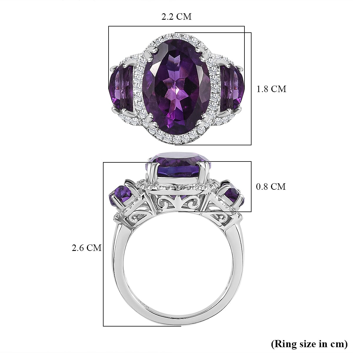 AAA Amethyst &amp; Natural Zircon Ring in Platinum Overlay Sterling Silver 7.45 Ct, Silver Wt. 5.16 Gms 7713775 5