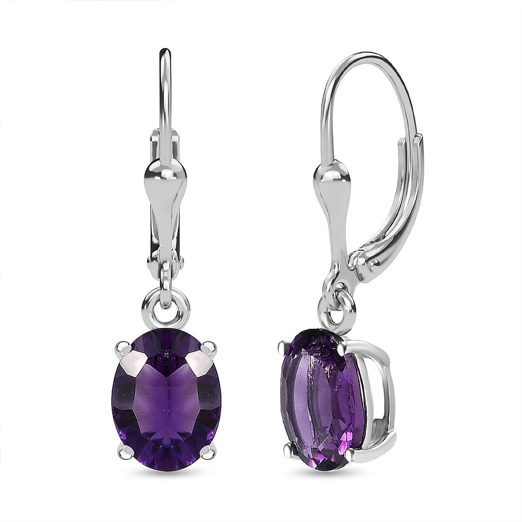 AAA Amethyst Solitaire Lever Back Earrings in Platinum Overlay Sterling Silver 3.10 Ct