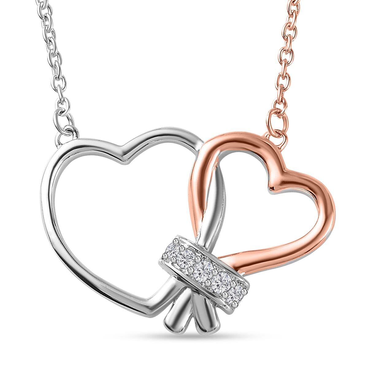 Moissanite Intertwined Hearts Necklace (Size - 20) in Platinum and 18K Rose Gold Vermeil Plated Sterling Silver 7714184 0