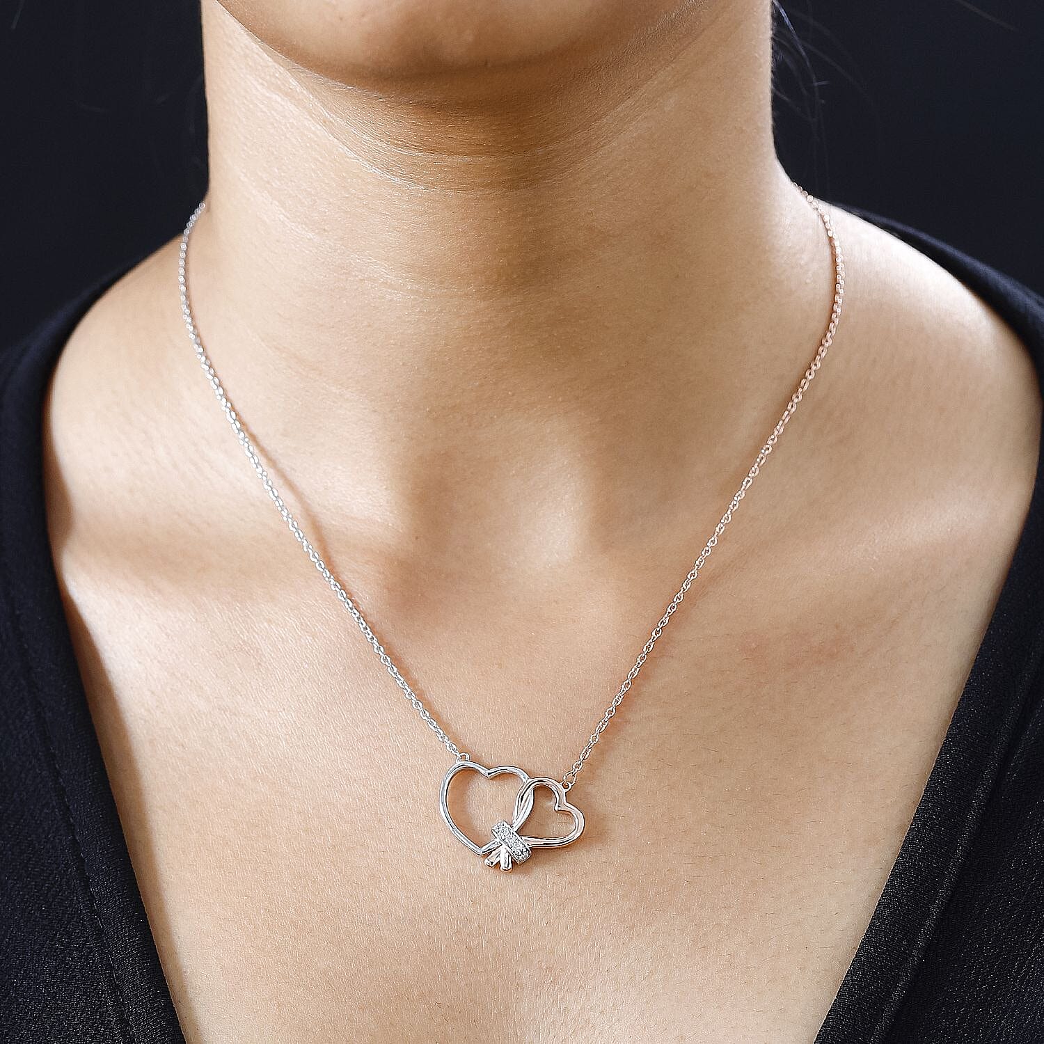 Moissanite Intertwined Hearts Necklace (Size - 20) in Platinum and 18K Rose Gold Vermeil Plated Sterling Silver 7714184 1