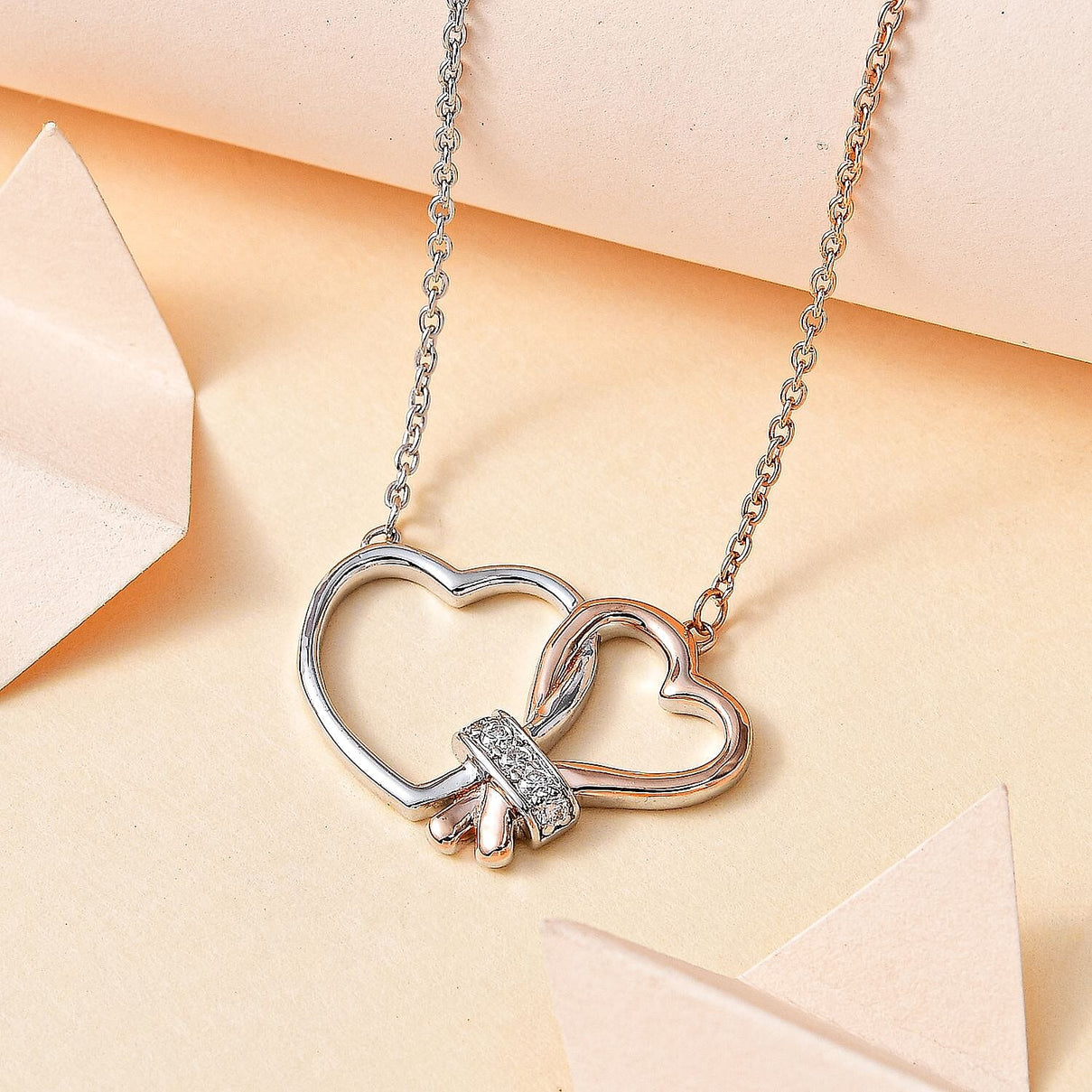 Moissanite Intertwined Hearts Necklace (Size - 20) in Platinum and 18K Rose Gold Vermeil Plated Sterling Silver 7714184 2