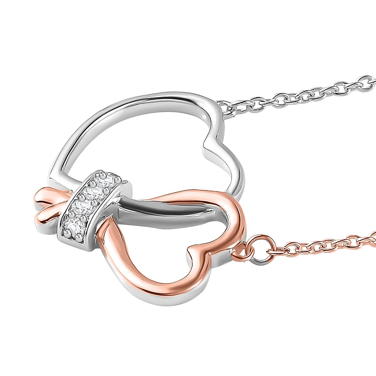 Moissanite Intertwined Hearts Necklace (Size - 20) in Platinum and 18K Rose Gold Vermeil Plated Sterling Silver 7714184 3