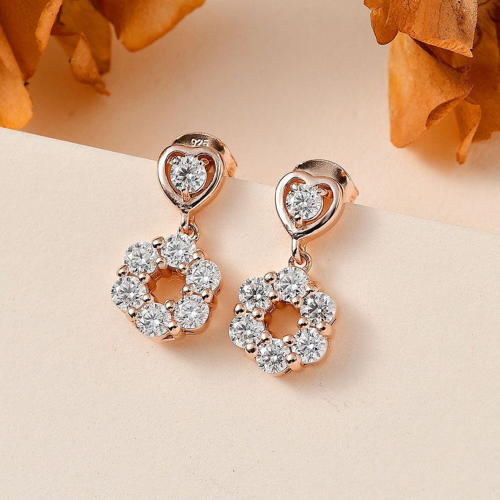 Moissanite Dangling Earrings in 18K Rose Gold Vermeil Plated Sterling Silver 1.44 Ct.