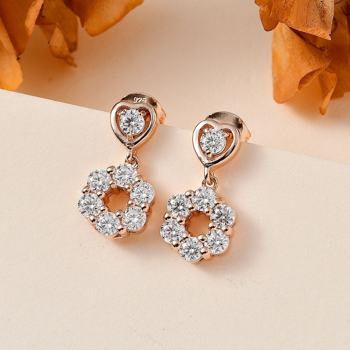 Moissanite Dangling Earrings in 18K Rose Gold Vermeil Plated Sterling Silver 1.44 Ct. 7714192 1