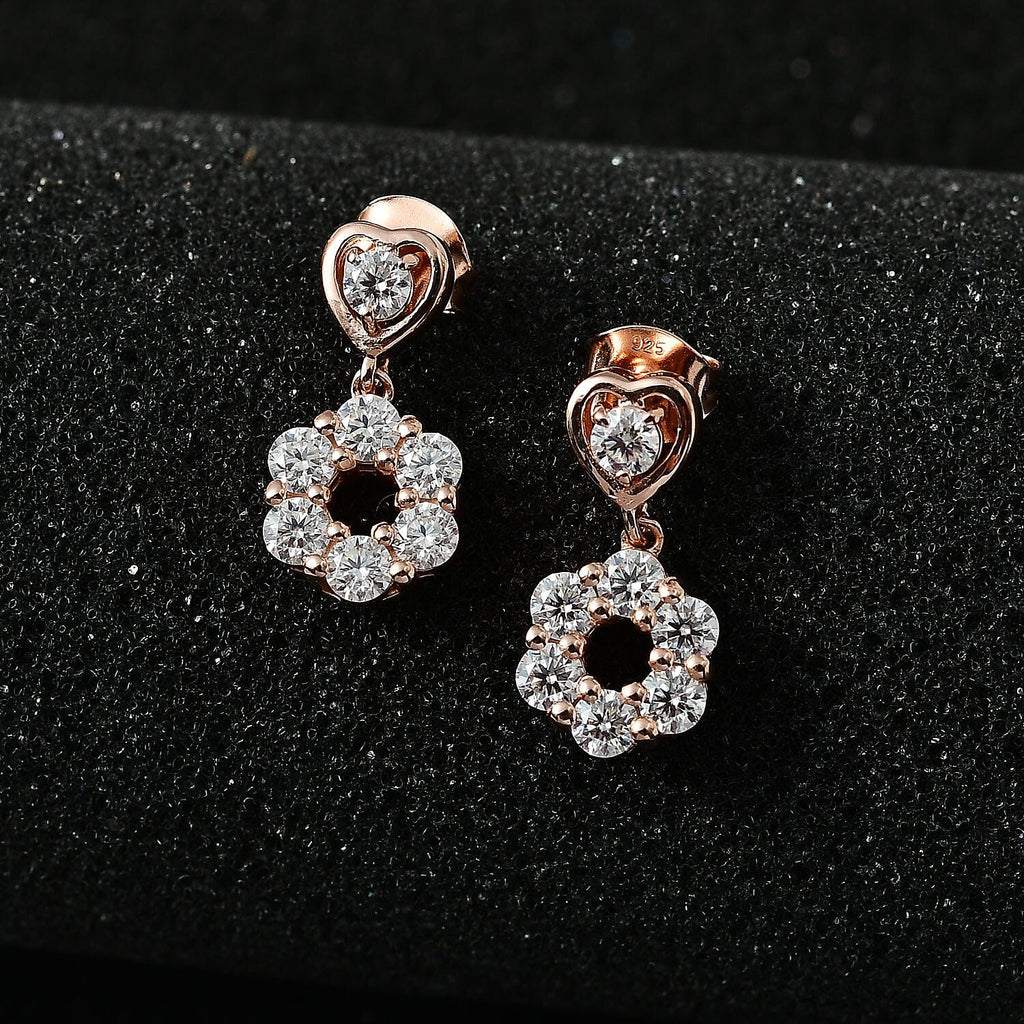 Moissanite Dangling Earrings in 18K Rose Gold Vermeil Plated Sterling Silver 1.44 Ct.