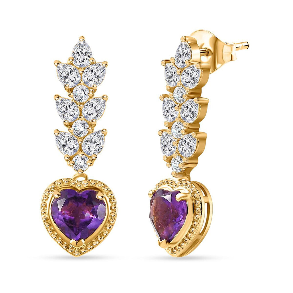 Amethyst & Moissanite Heart Dangle Earrings in 18K Vermeil YG Plated Sterling Silver 5.68 Ct.