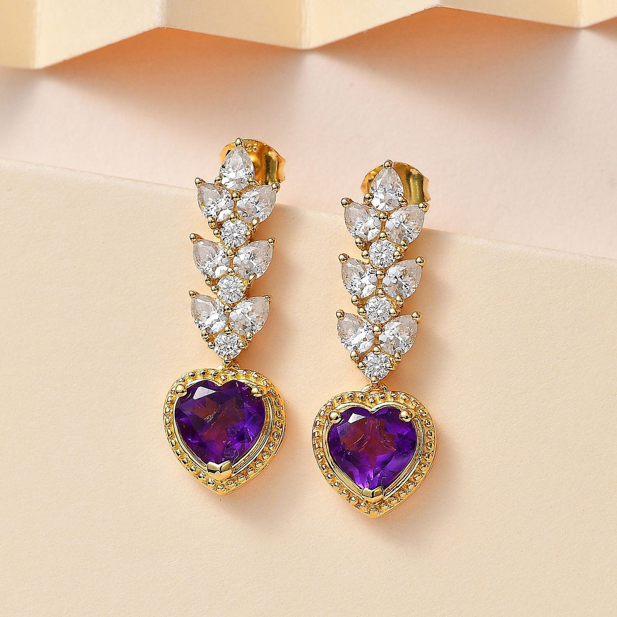 Amethyst &amp; Moissanite Heart Dangle Earrings in 18K Vermeil YG Plated Sterling Silver 5.68 Ct. 7714229 1