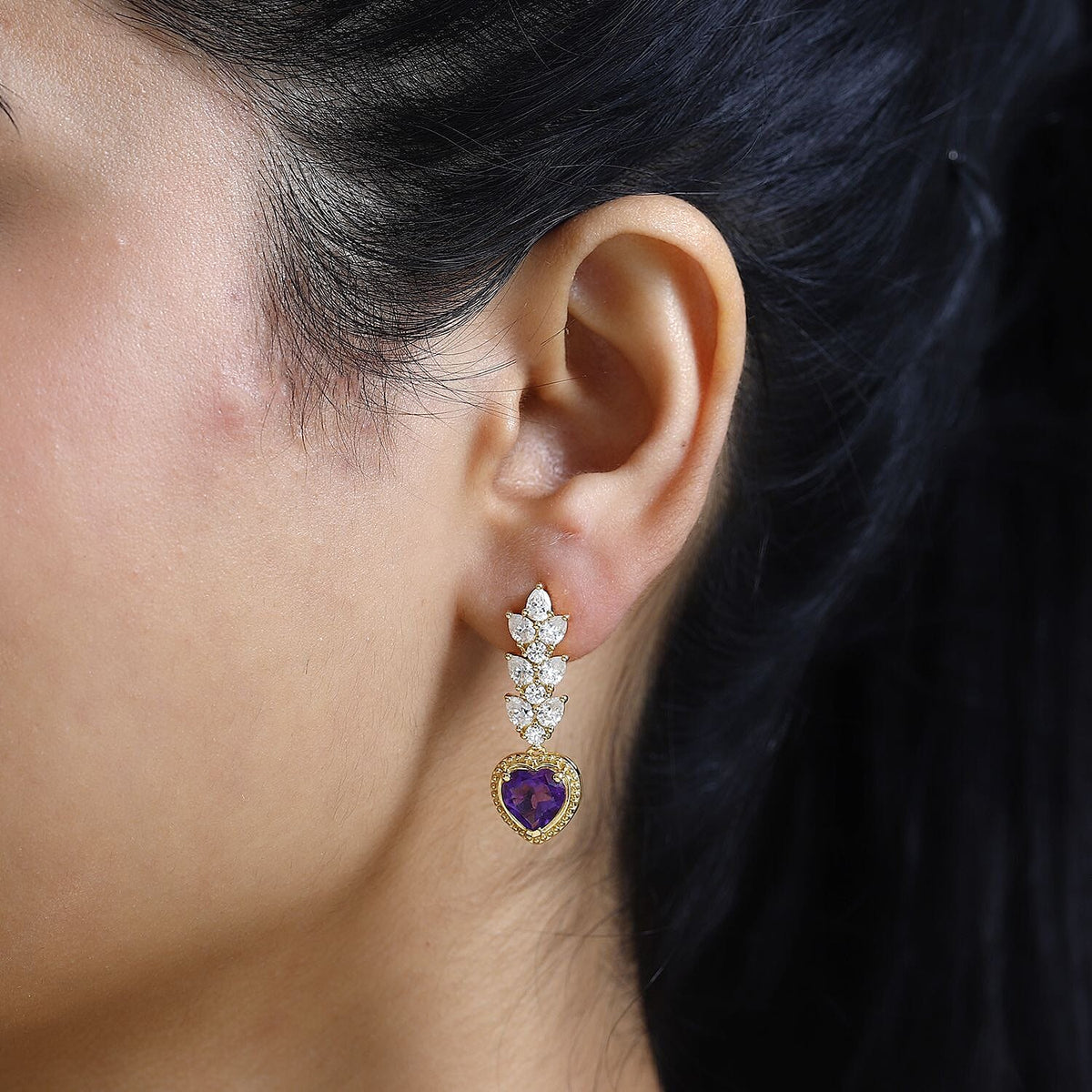 Amethyst &amp; Moissanite Heart Dangle Earrings in 18K Vermeil YG Plated Sterling Silver 5.68 Ct. 7714229 2