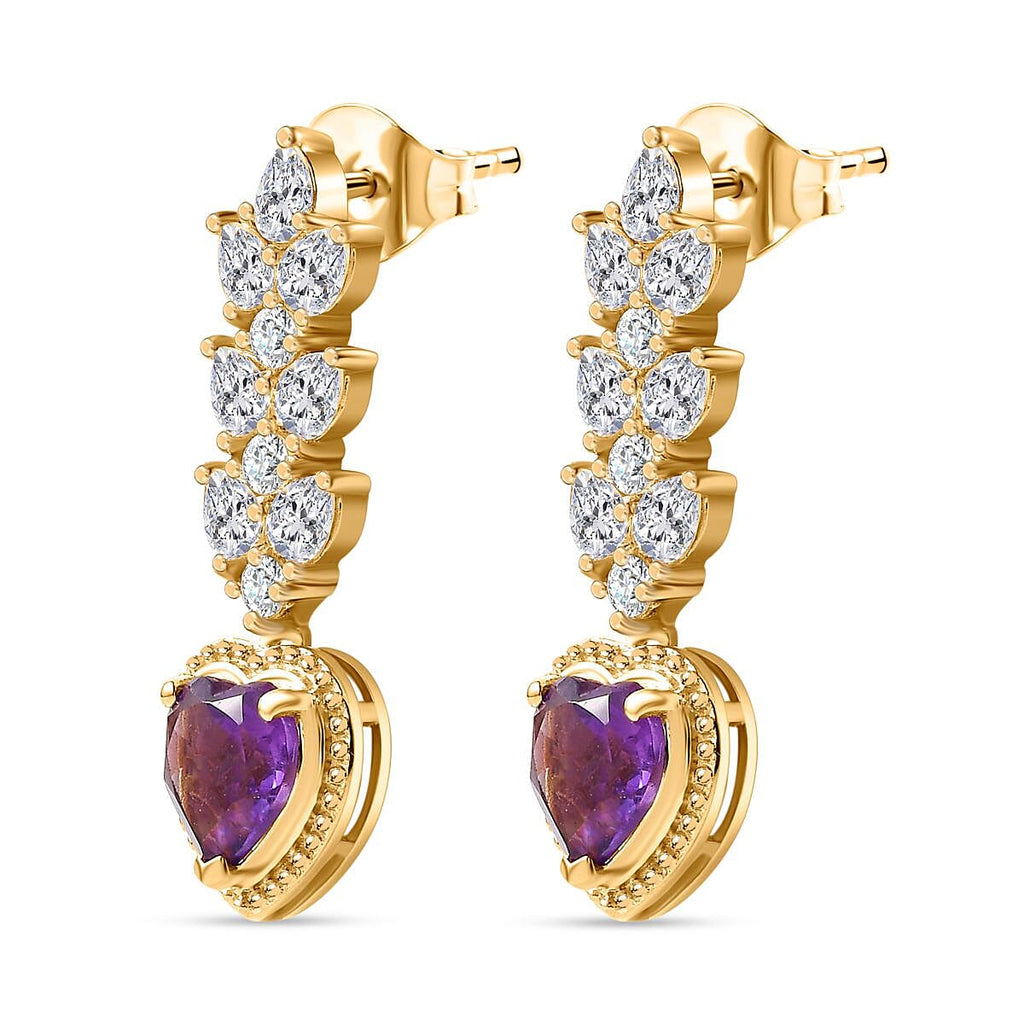 Amethyst & Moissanite Heart Dangle Earrings in 18K Vermeil YG Plated Sterling Silver 5.68 Ct.