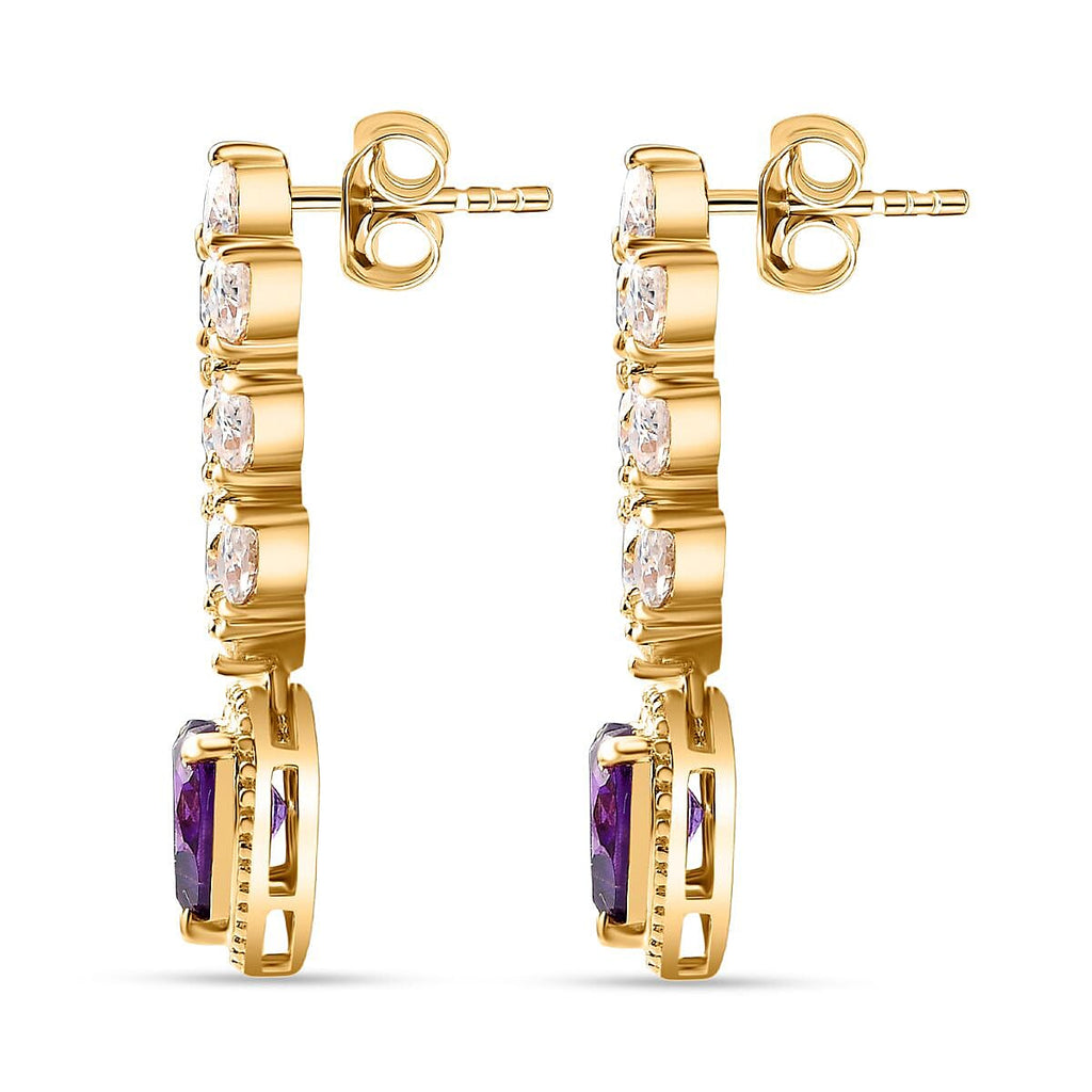 Amethyst & Moissanite Heart Dangle Earrings in 18K Vermeil YG Plated Sterling Silver 5.68 Ct.