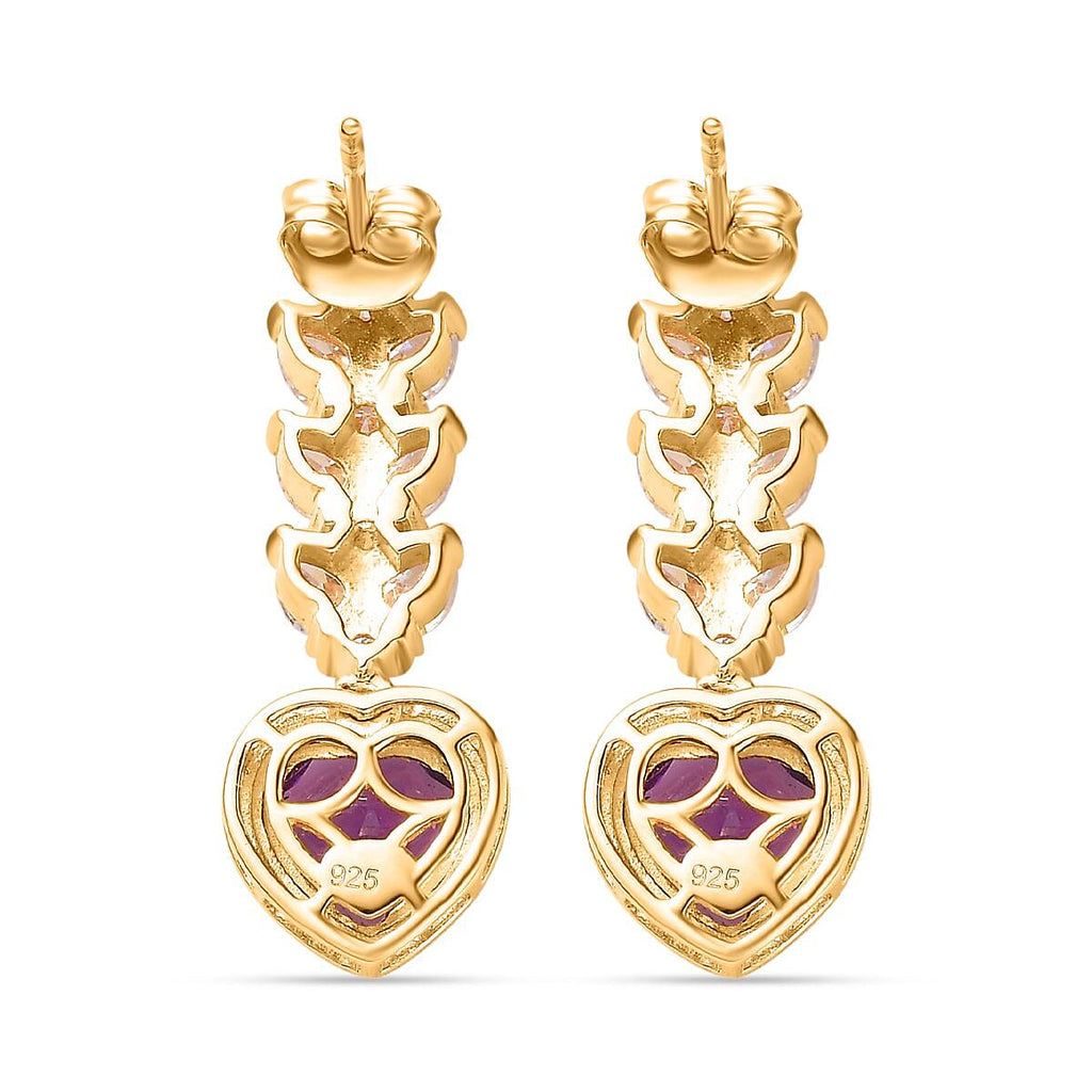 Amethyst & Moissanite Heart Dangle Earrings in 18K Vermeil YG Plated Sterling Silver 5.68 Ct.