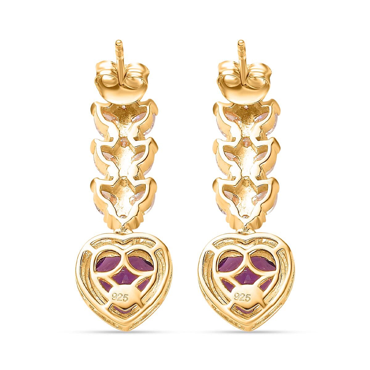 Amethyst &amp; Moissanite Heart Dangle Earrings in 18K Vermeil YG Plated Sterling Silver 5.68 Ct. 7714229 5