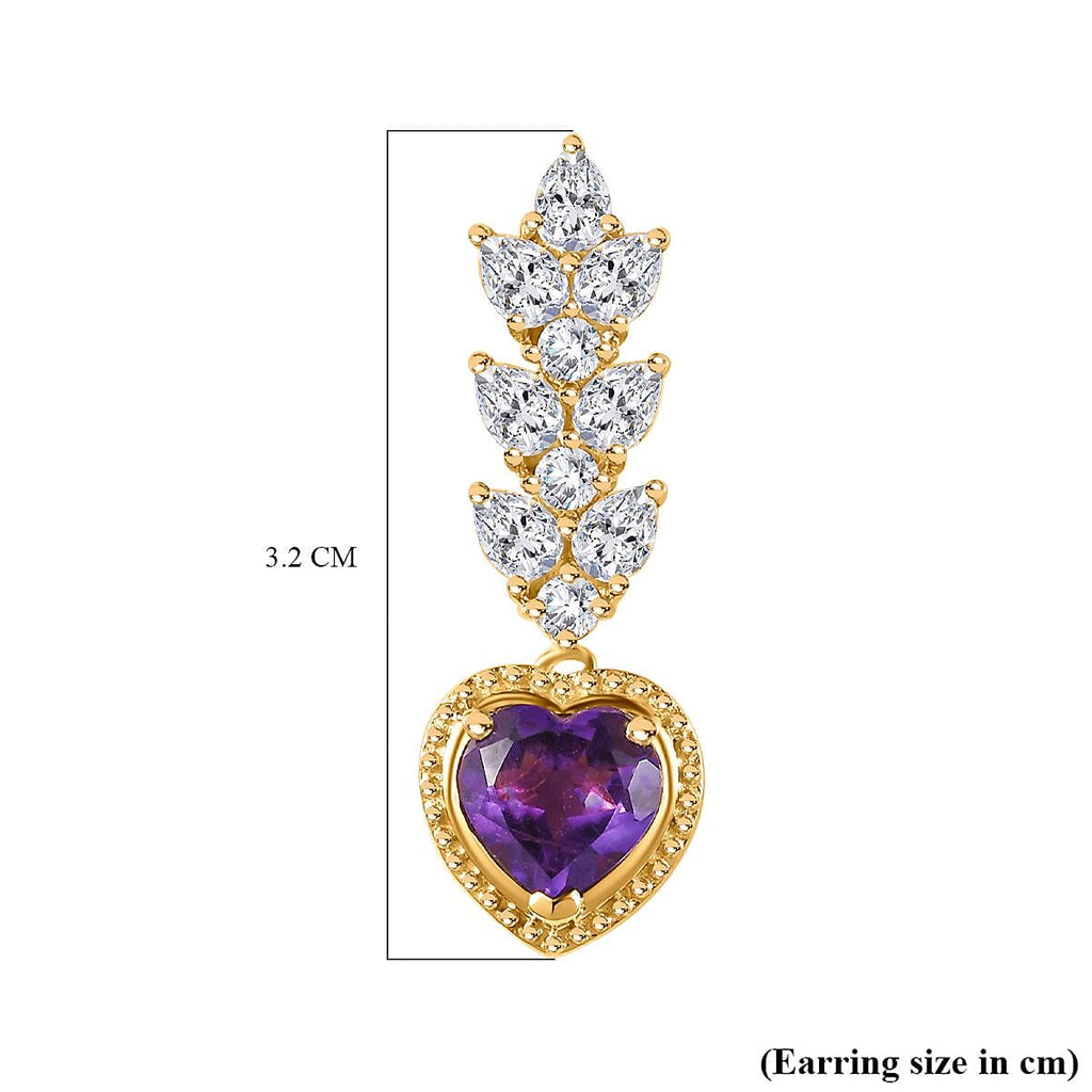 Amethyst & Moissanite Heart Dangle Earrings in 18K Vermeil YG Plated Sterling Silver 5.68 Ct.