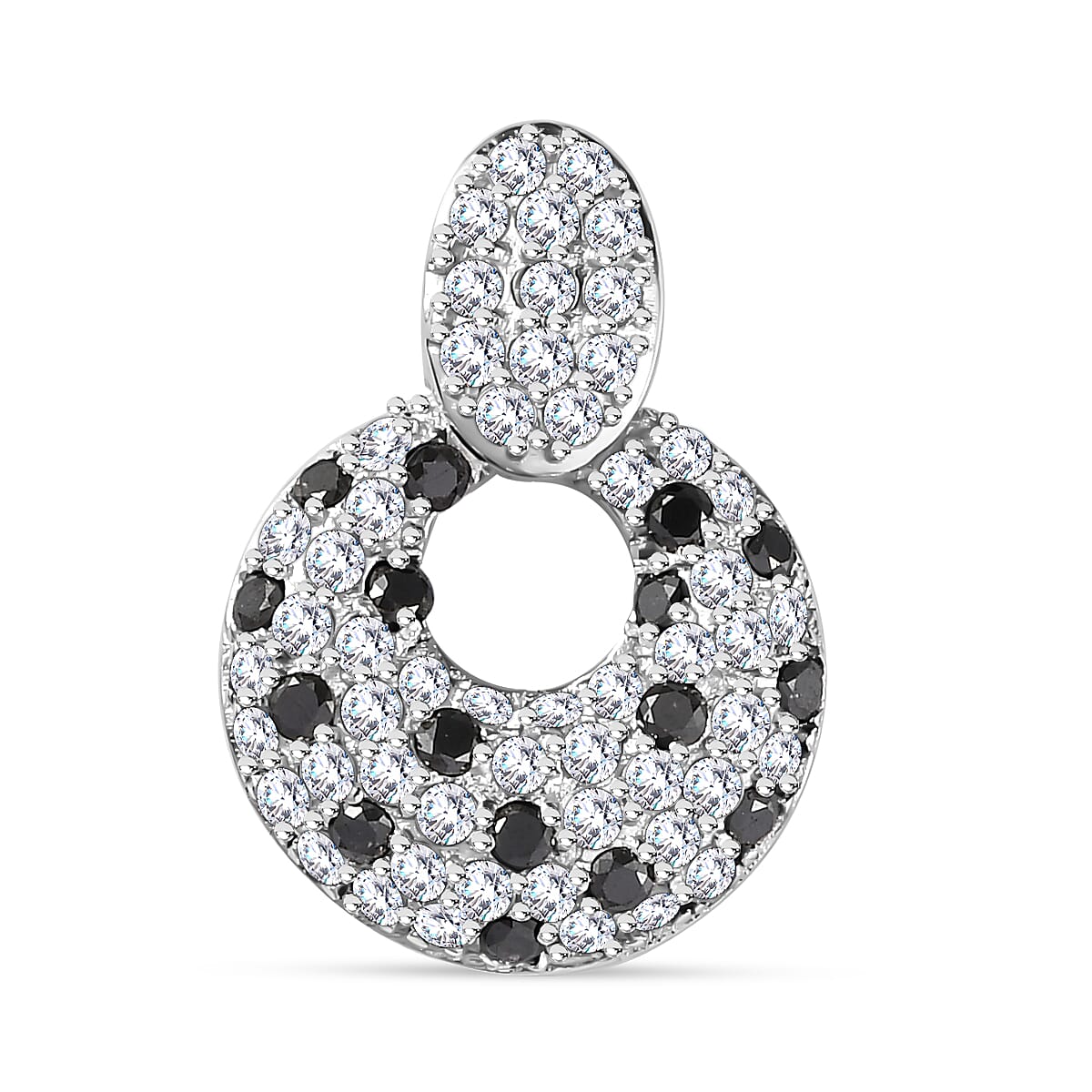 White Diamond and Black Diamond Cluster Pendant in Platinum Overlay Sterling Silver 7715532 0