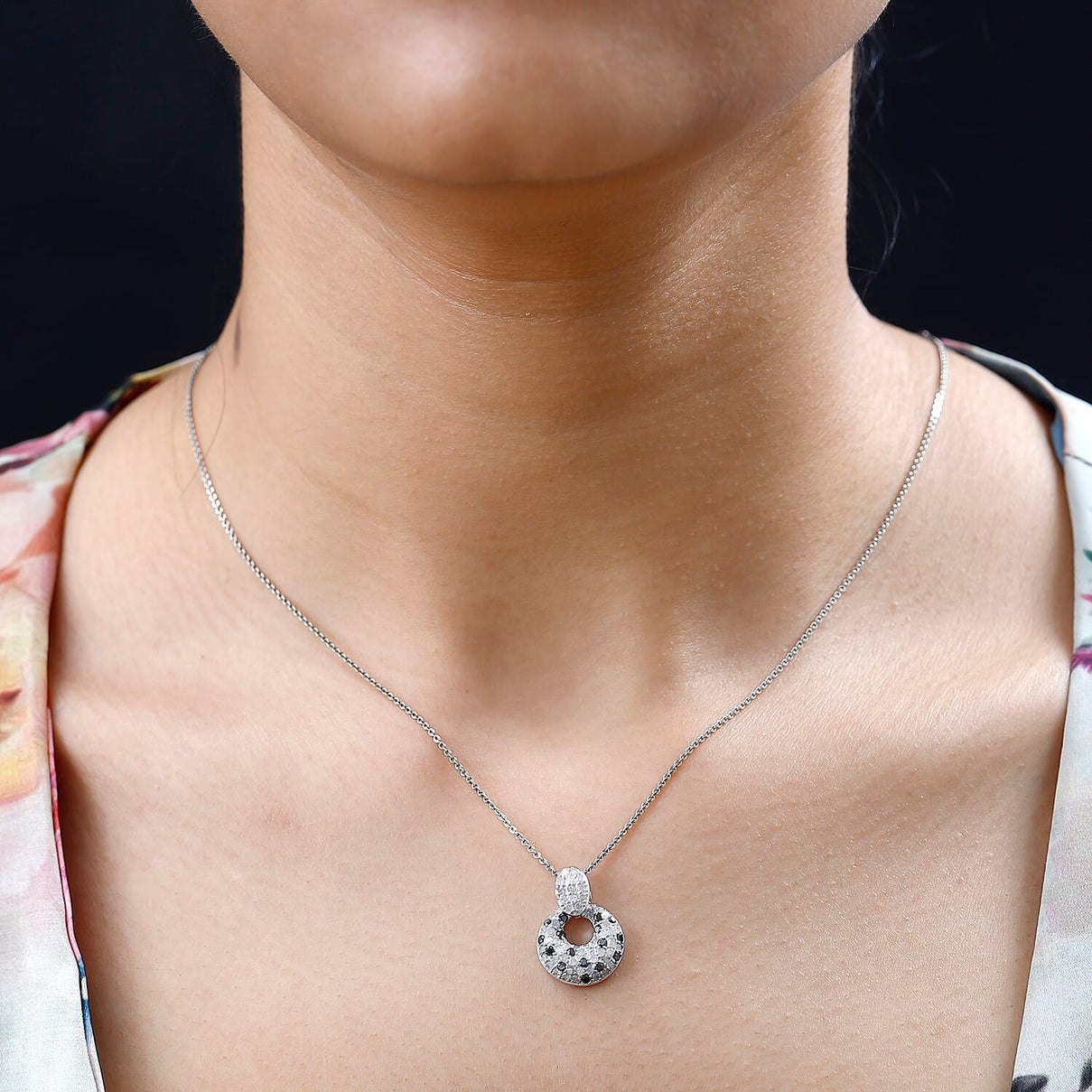 White Diamond and Black Diamond Cluster Pendant in Platinum Overlay Sterling Silver 7715532 2