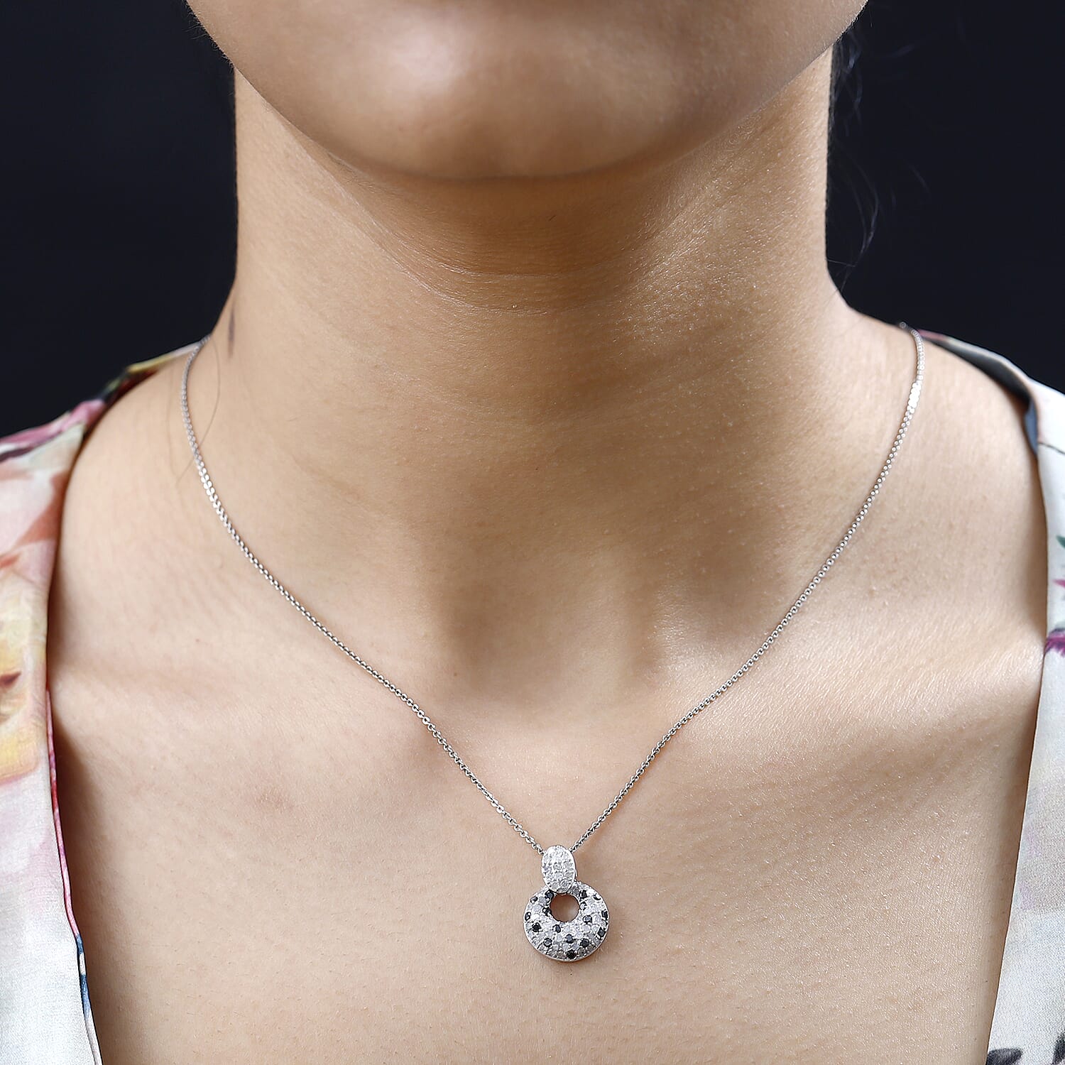 White Diamond and Black Diamond Cluster Pendant in Platinum Overlay Sterling Silver 7715532 2