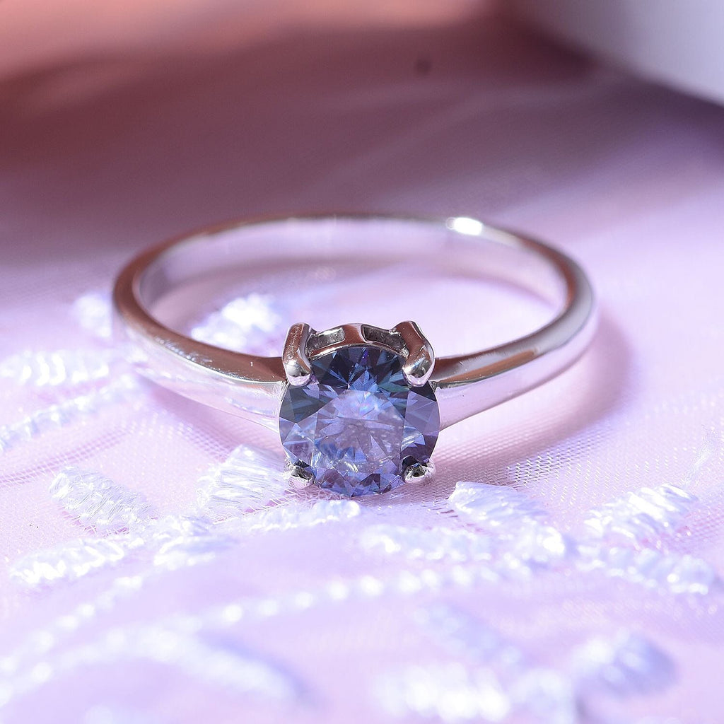 Celestial Blue Moissanite Solitaire Ring in Rhodium Overlay Sterling Silver 1 Ct.