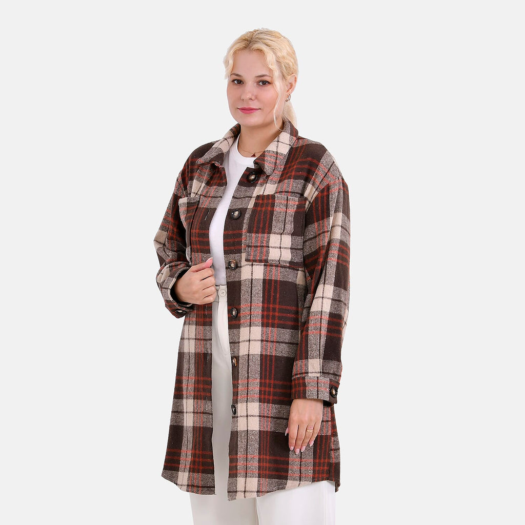 La Marey Brushed Checked Long Length Shirt-Coat (Size M) - Brown - Beige