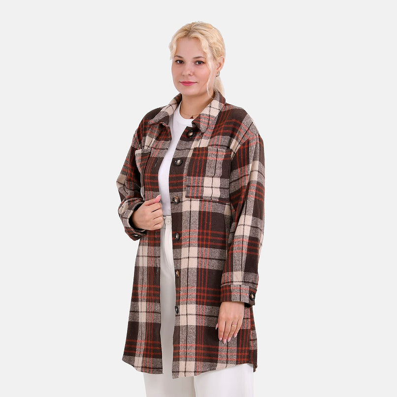 La Marey Brushed Checked Long Length Shirt-Coat (Size M) - Brown - Beige