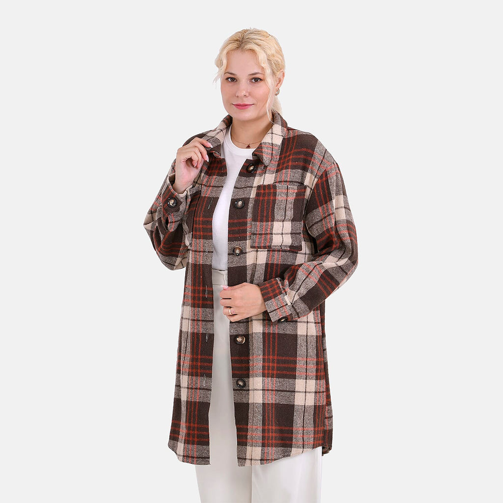 La Marey Brushed Checked Long Length Shirt-Coat (Size M) - Brown - Beige