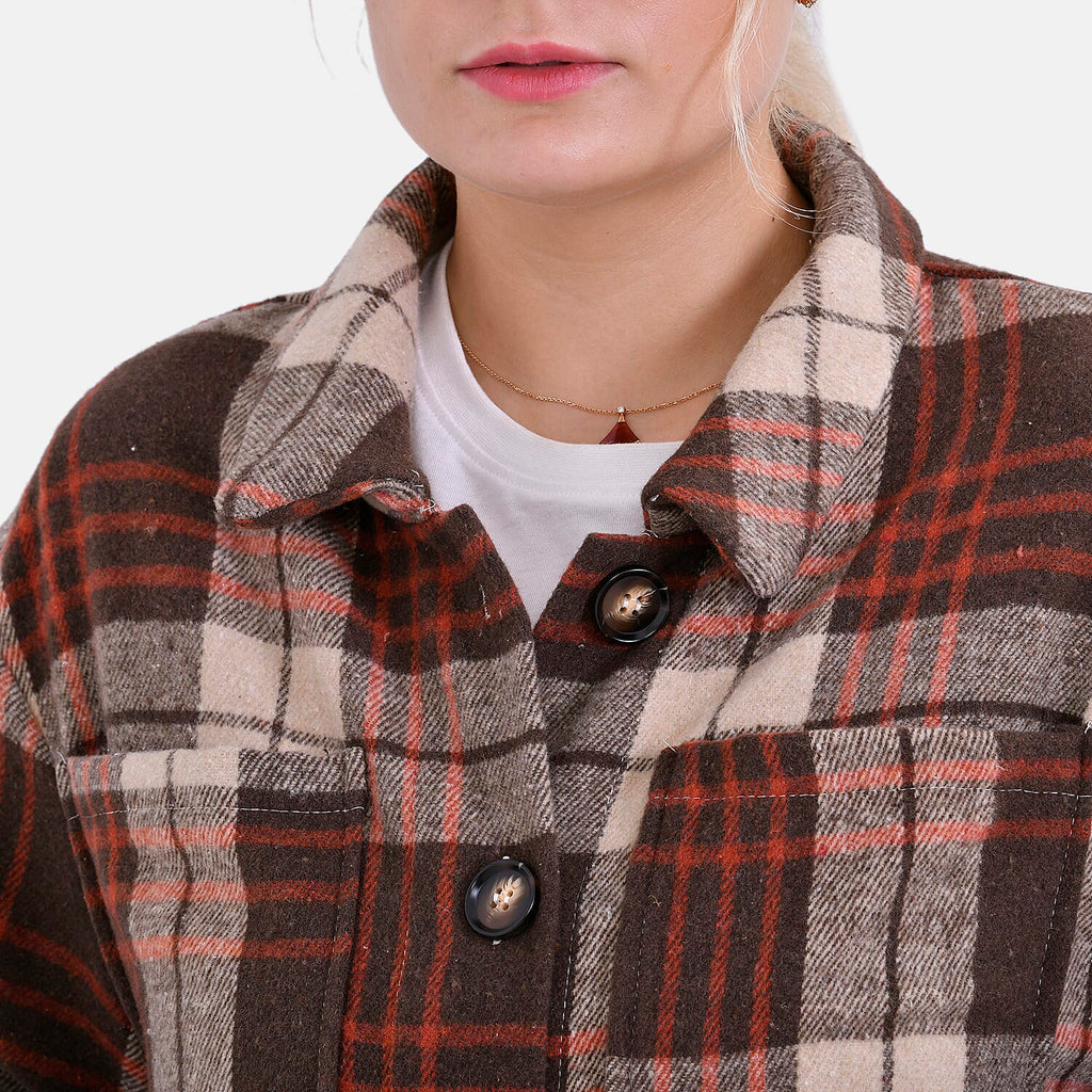 La Marey Brushed Checked Long Length Shirt-Coat (Size M) - Brown - Beige