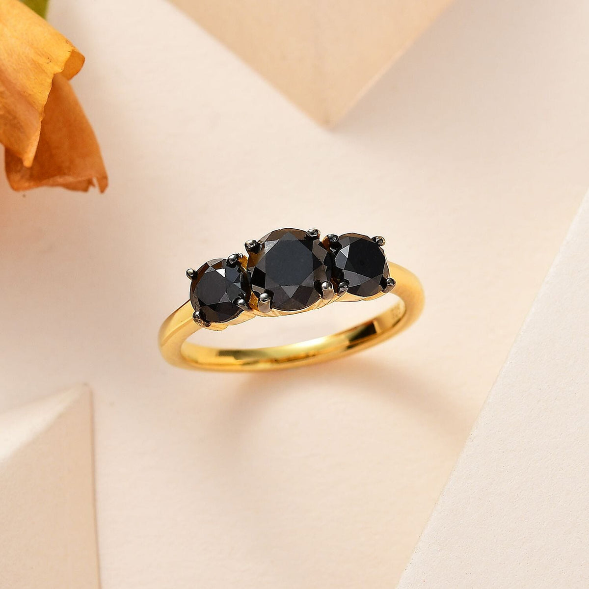 Black Diamond Trilogy Ring in 18K Yellow Gold Vermeil Sterling Silver 7728875 1