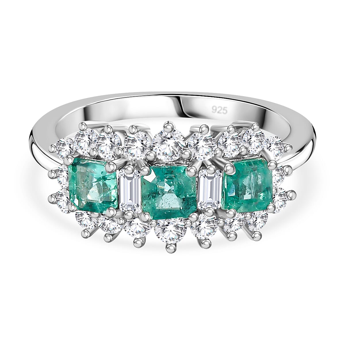 Gemfields Emerald and Natural Zircon Ring in Platinum Overlay Sterling Silver 2.00 Ct. 7730465 0